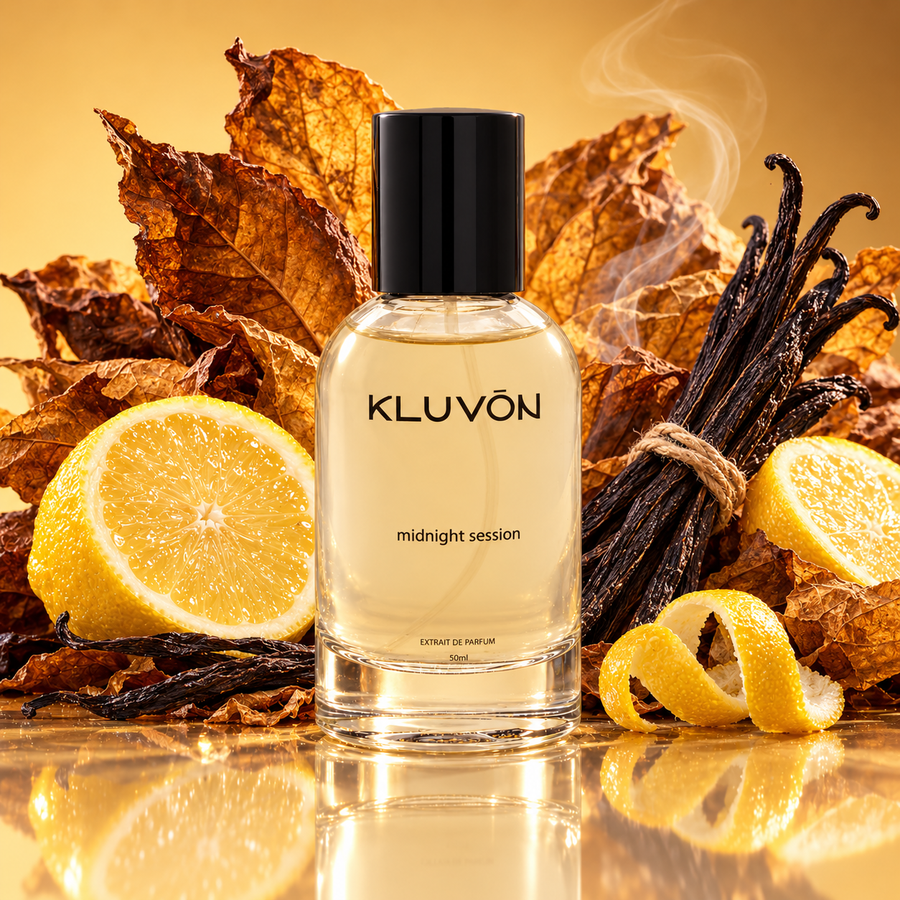 Kluvón Midnight Session 50 ml extrait de parfum omgivet af gyldne tobaksblade, vaniljestænger, citron og en tynd røgstribe på en smørgul baggrund