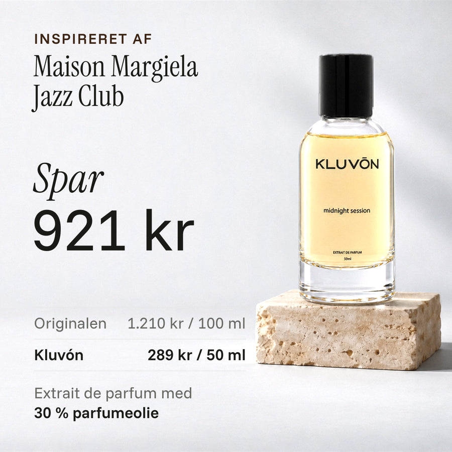 Kluvón Midnight Session 50 ml på en sten, inspireret af Maison Margiela Jazz Club. Spar 921 kr: originalen koster 1.210 kr for 100 ml, Kluvón 289 kr for 50 ml