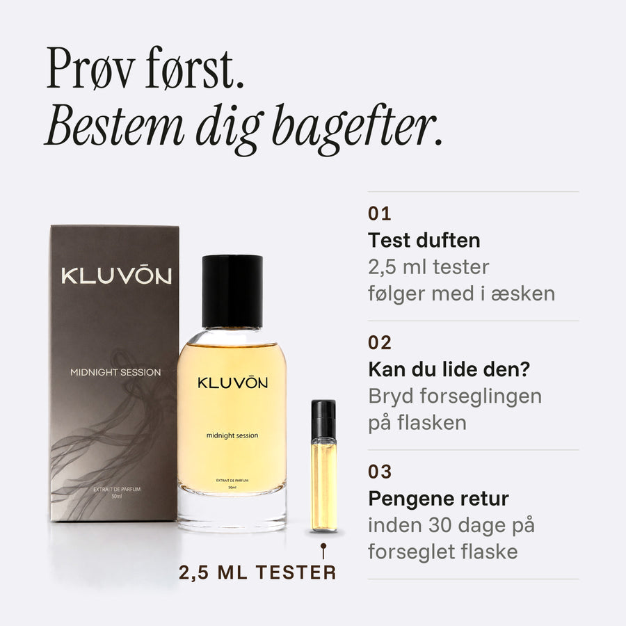 Kluvón Midnight Session med æske og 2,5 ml tester: test duften først, bryd forseglingen hvis du kan lide den, pengene retur inden 30 dage på forseglet flaske