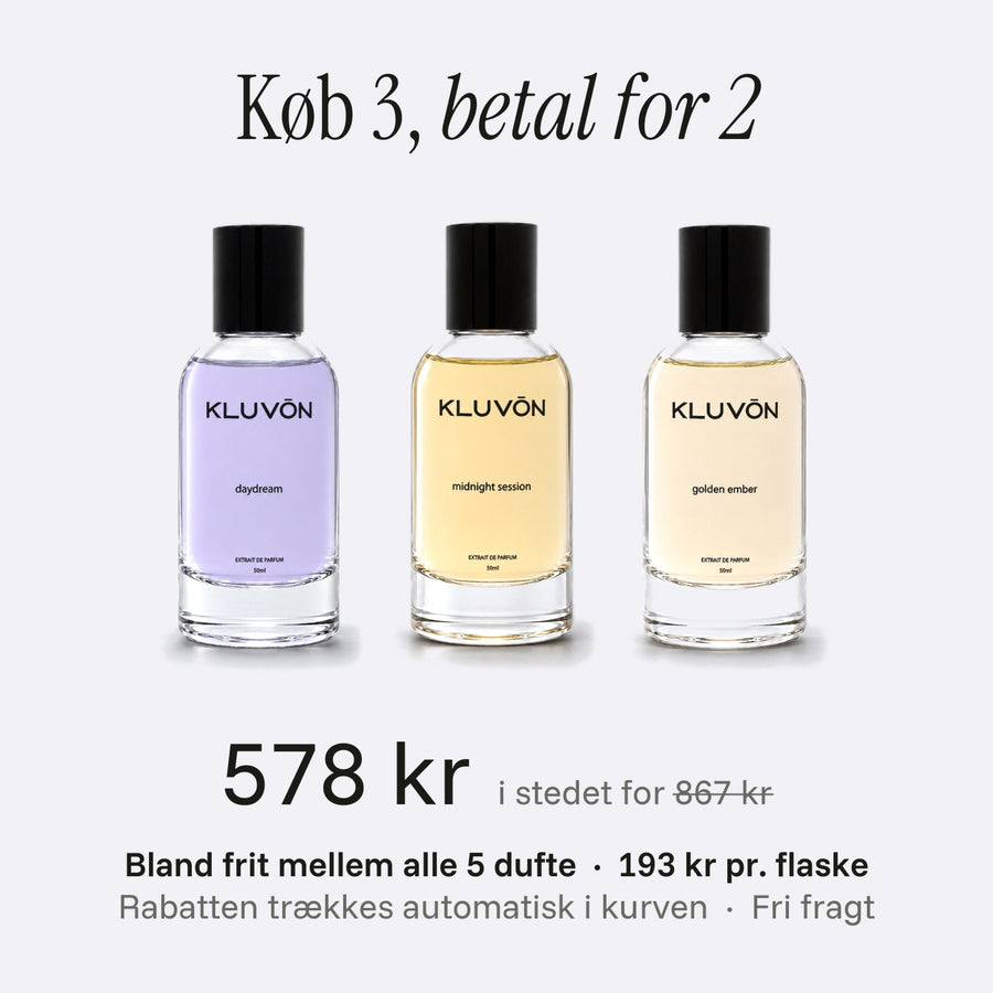 Køb 3, betal for 2: tre Kluvón-flasker for 578 kr i stedet for 867 kr, bland frit mellem alle 5 dufte