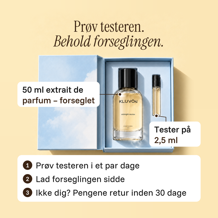 Midnight Session – Prøv testeren. Behold forseglingen. 50 ml extrait de parfum – forseglet. Tester på 2,5 ml. 1. Prøv testeren i et par dage. 2. Lad forseglingen sidde. 3. Ikke dig? Pengene retur inden 30 dage.