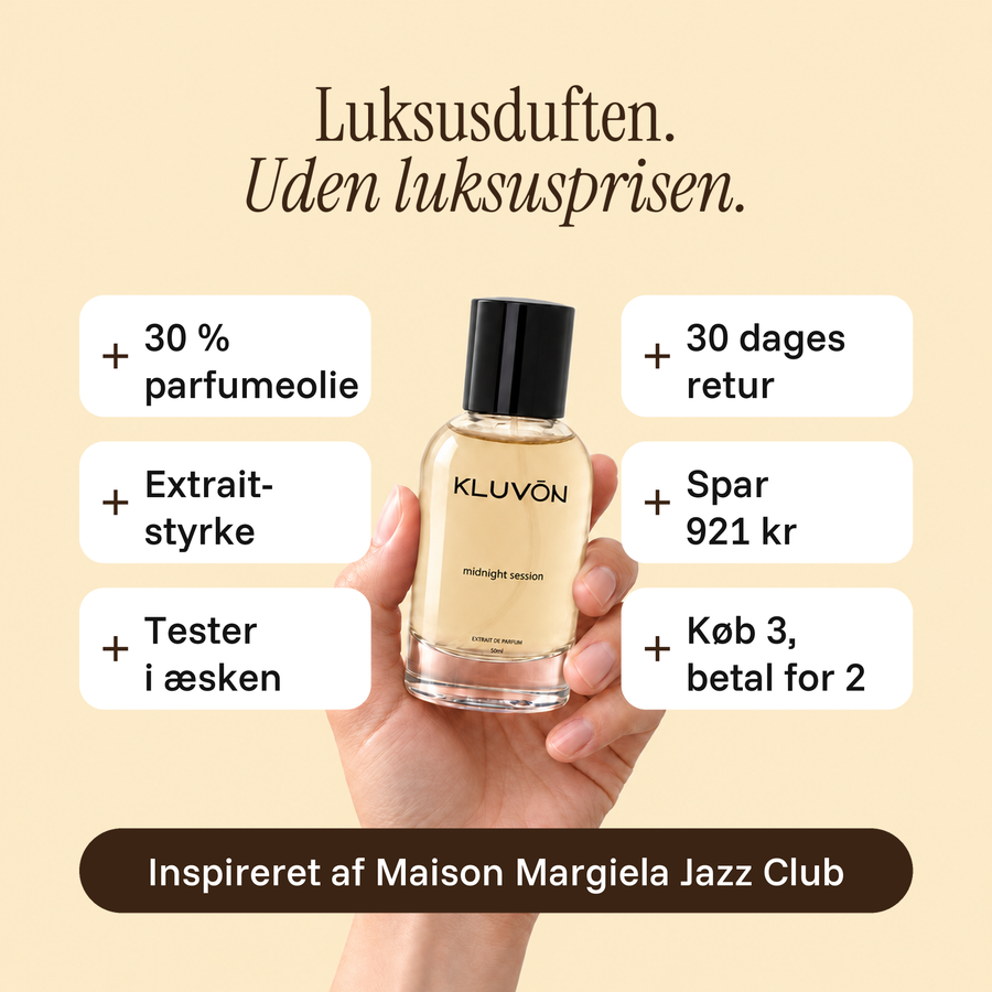Midnight Session – Luksusduften. Uden luksusprisen. 30 % parfumeolie · Extrait-styrke · Tester i æsken · 30 dages retur · Spar 921 kr · Køb 3, betal for 2. Inspireret af Maison Margiela Jazz Club.
